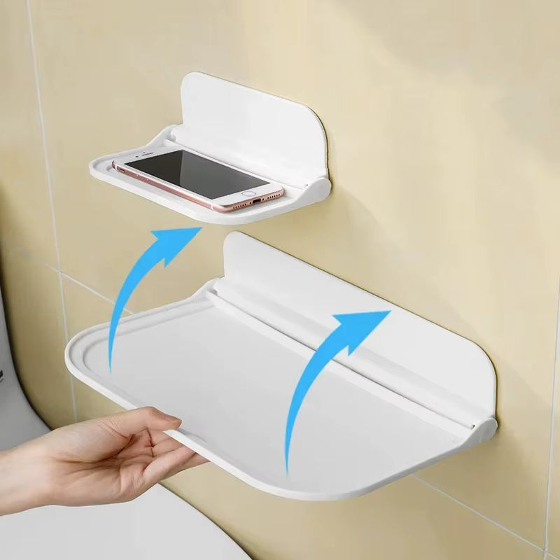 Folding Wall Mounted Shelf Saving Space Foldable Storage Rack Punch-Free Phone Holder Wifi Router Storage Tray Bathroomorganizer