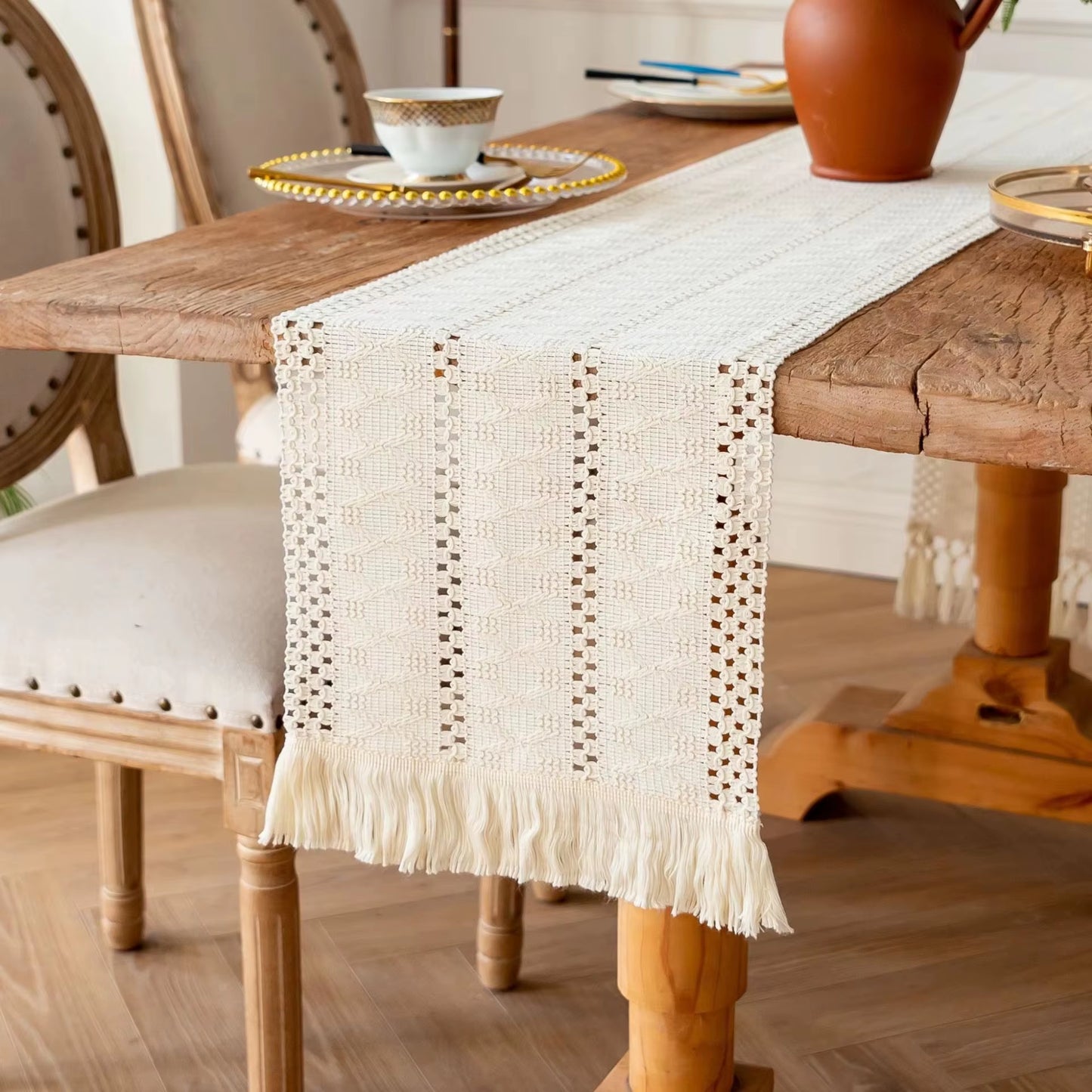 30*180CM Boho Macrame Table Runner ,Cotton Linen Bicolor Stitching Tassel Table Cloth For Farmhouse Wedding Dining Table Decor