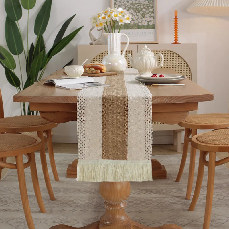 30*180CM Boho Macrame Table Runner ,Cotton Linen Bicolor Stitching Tassel Table Cloth For Farmhouse Wedding Dining Table Decor