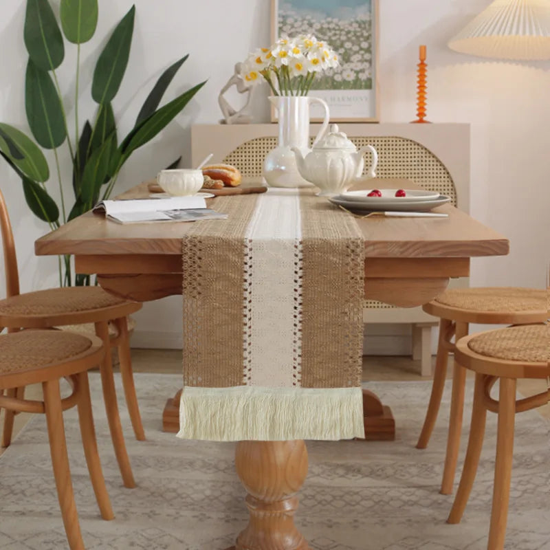30*180CM Boho Macrame Table Runner ,Cotton Linen Bicolor Stitching Tassel Table Cloth For Farmhouse Wedding Dining Table Decor