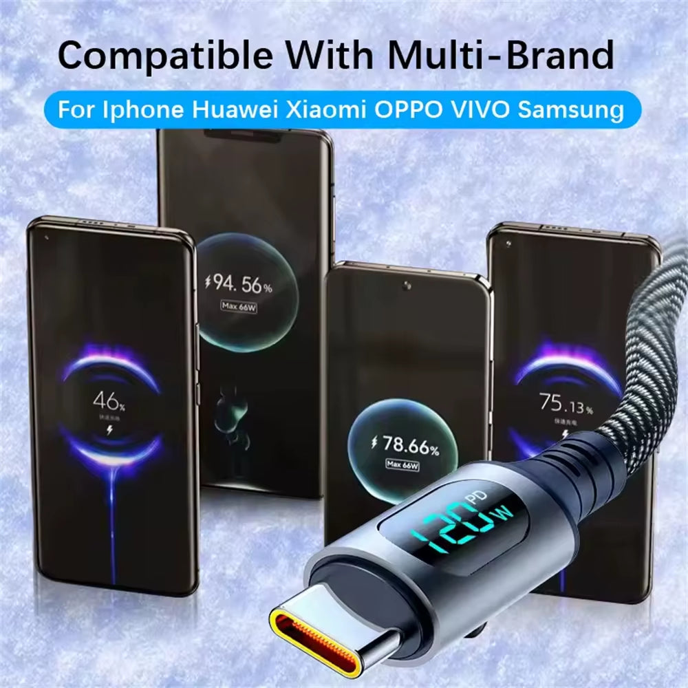 NNBILI 6A 120W USBA to Type C Super Fast Charge Cable Nylon Data Cord for Xiaomi POCO Samsung with Led Digital Display Cable