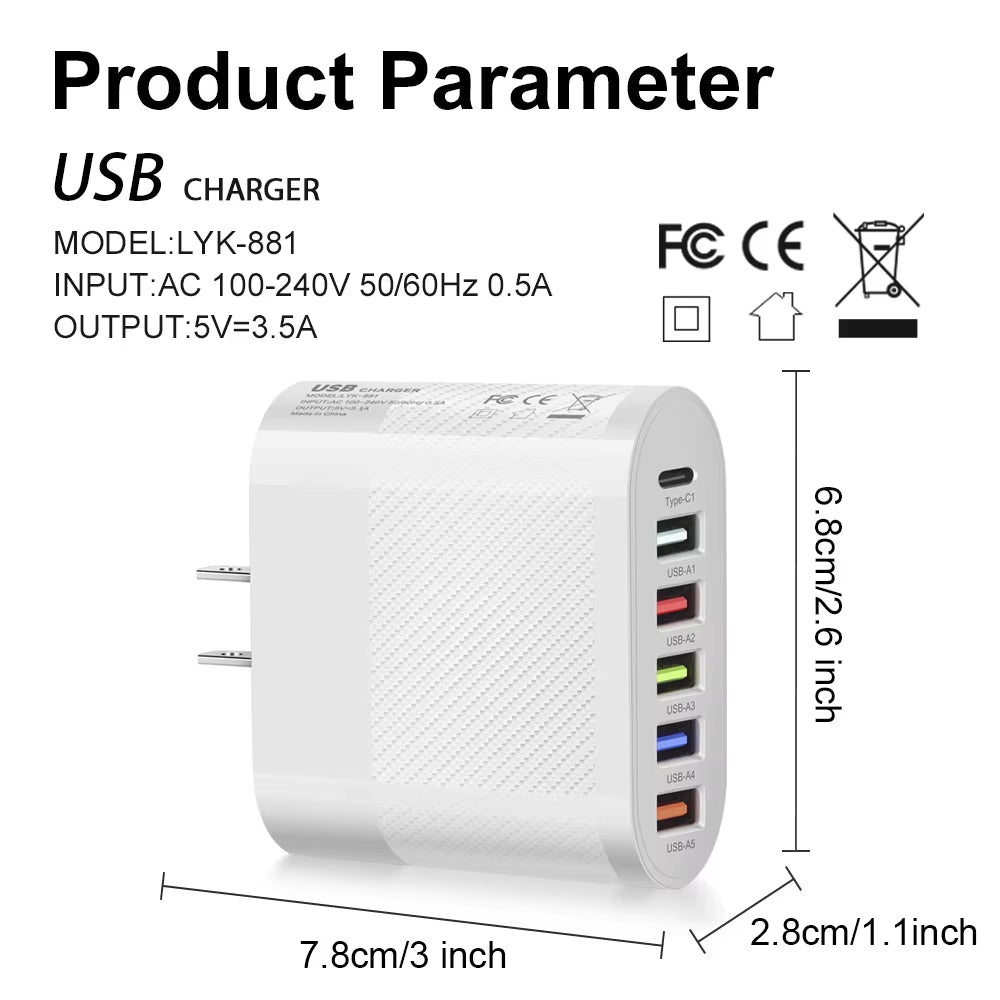 6 Ports USB Type C Charger PD Fast Charging Adapter Quick Charge3.0 for Iphone Samsung Xiaomi Huawei Phone Wall Charger Plug #3