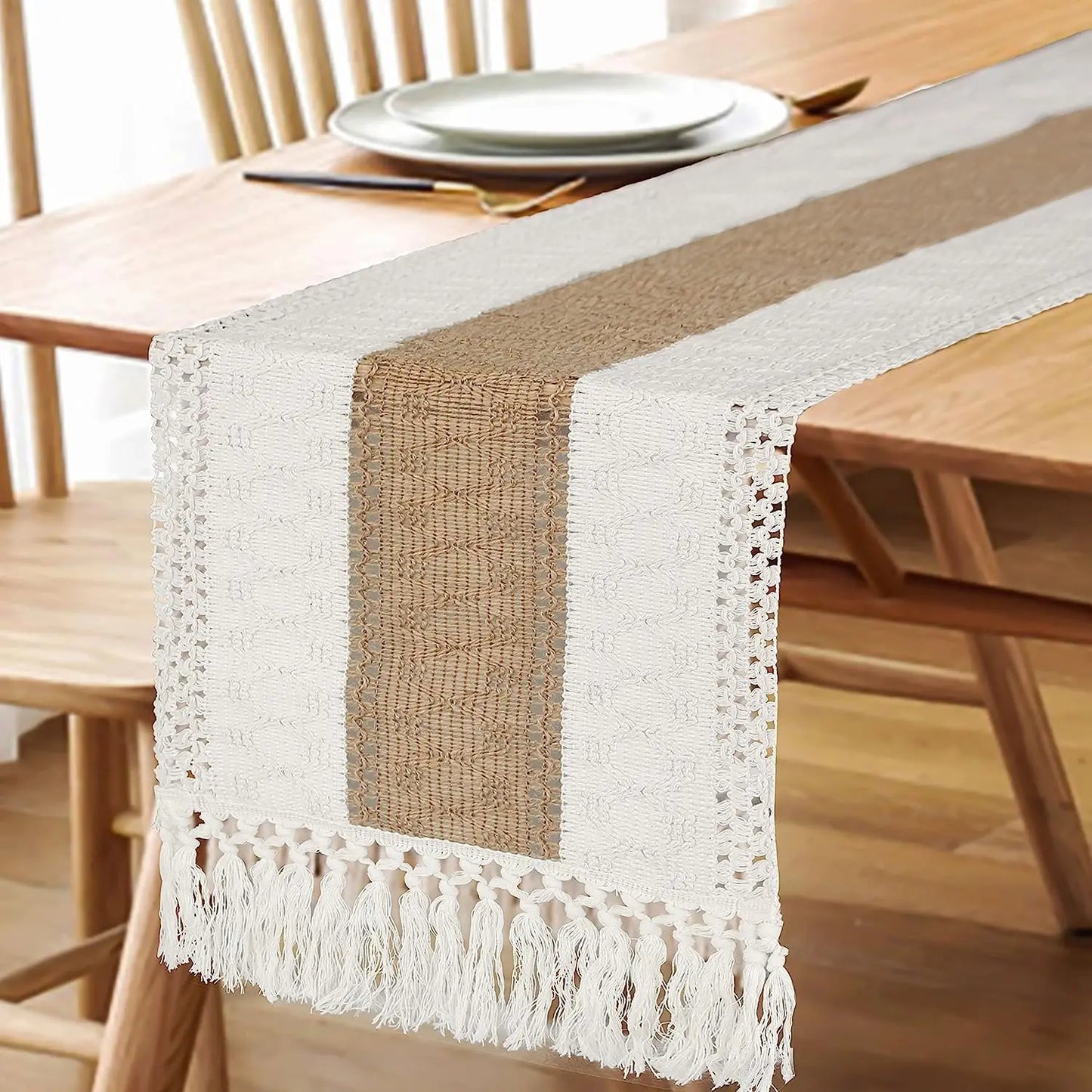 30*180CM Boho Macrame Table Runner ,Cotton Linen Bicolor Stitching Tassel Table Cloth For Farmhouse Wedding Dining Table Decor