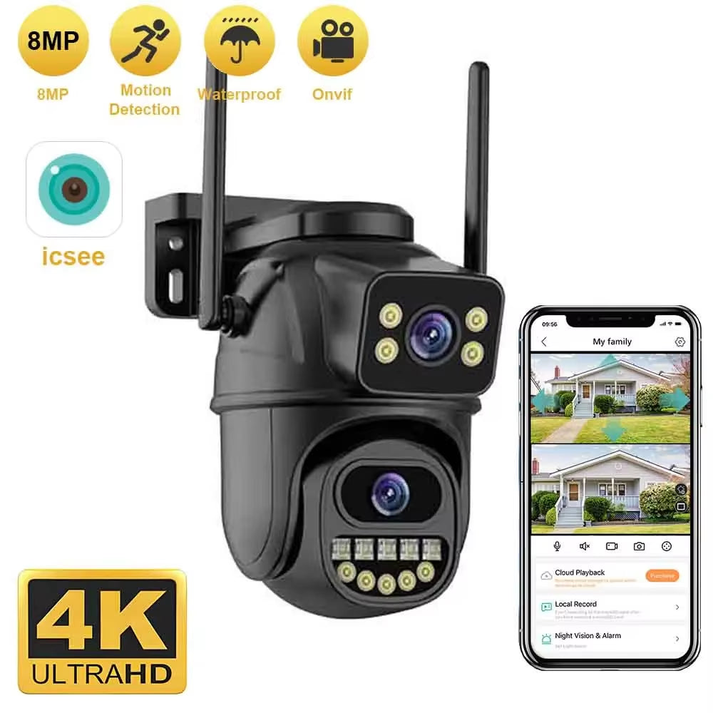 4K 8MP Wifi Surveillance Camera, Dual Lens, 4X Digital Zoom, AI Human Detect, ONVIF, Outdoor Security PTZ IP Cameras