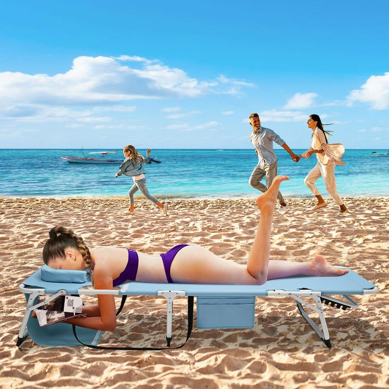Docred Heavy Duty Tanning Chair with Face Hole, Adjustable 5-Position Recliner Detachable Pillow for Outside, Portable Lay Flat Beach Lounge Chair for Outdoor Sunbathing Beach Pool Lawn Camping