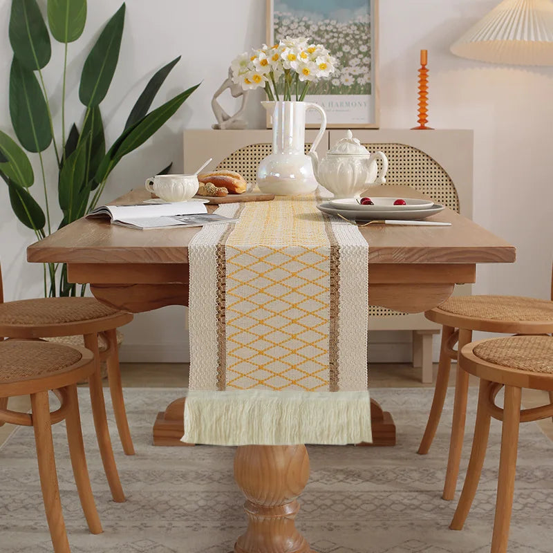 30*180CM Boho Macrame Table Runner ,Cotton Linen Bicolor Stitching Tassel Table Cloth For Farmhouse Wedding Dining Table Decor