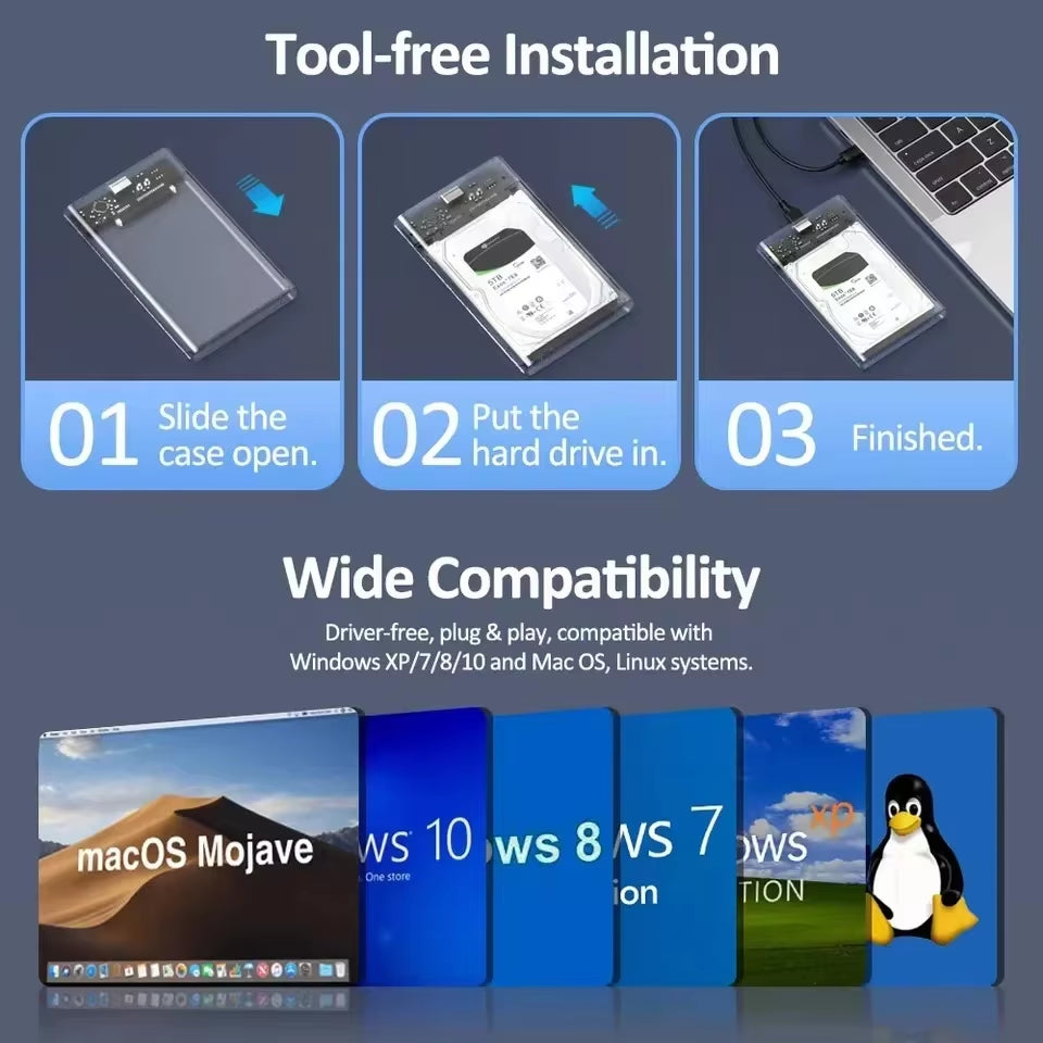 USB 3.0/Type C HDD Enclosure 2.5 Inch SATA SSD External Hard Drive Case with 5Gbps Transfer Speed Clear Harddisk Boxs Tool-Free