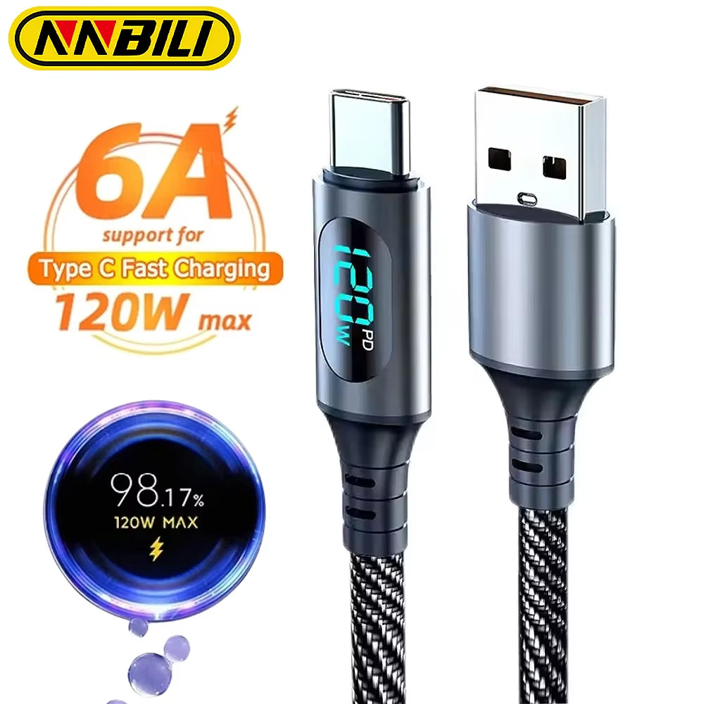 NNBILI 6A 120W USBA to Type C Super Fast Charge Cable Nylon Data Cord for Xiaomi POCO Samsung with Led Digital Display Cable