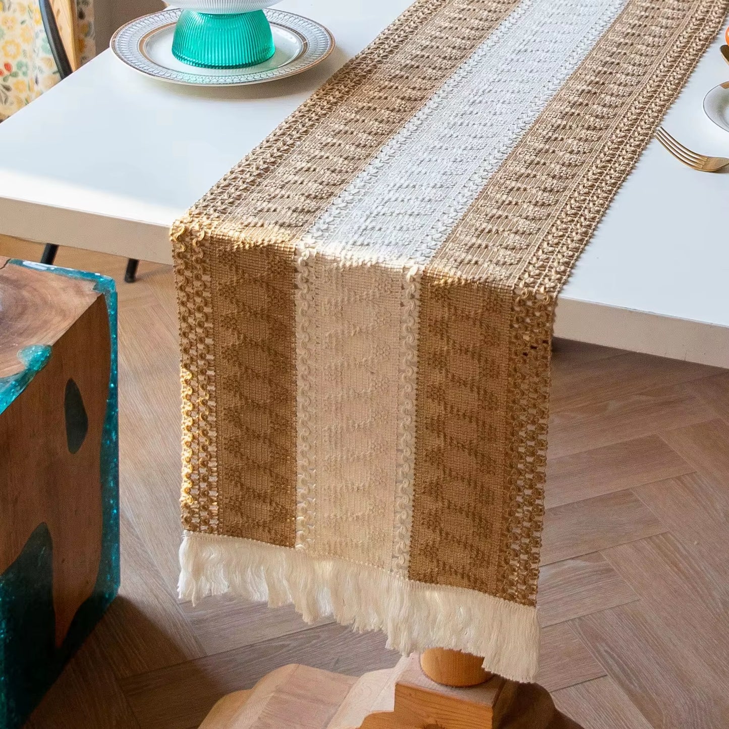 30*180CM Boho Macrame Table Runner ,Cotton Linen Bicolor Stitching Tassel Table Cloth For Farmhouse Wedding Dining Table Decor