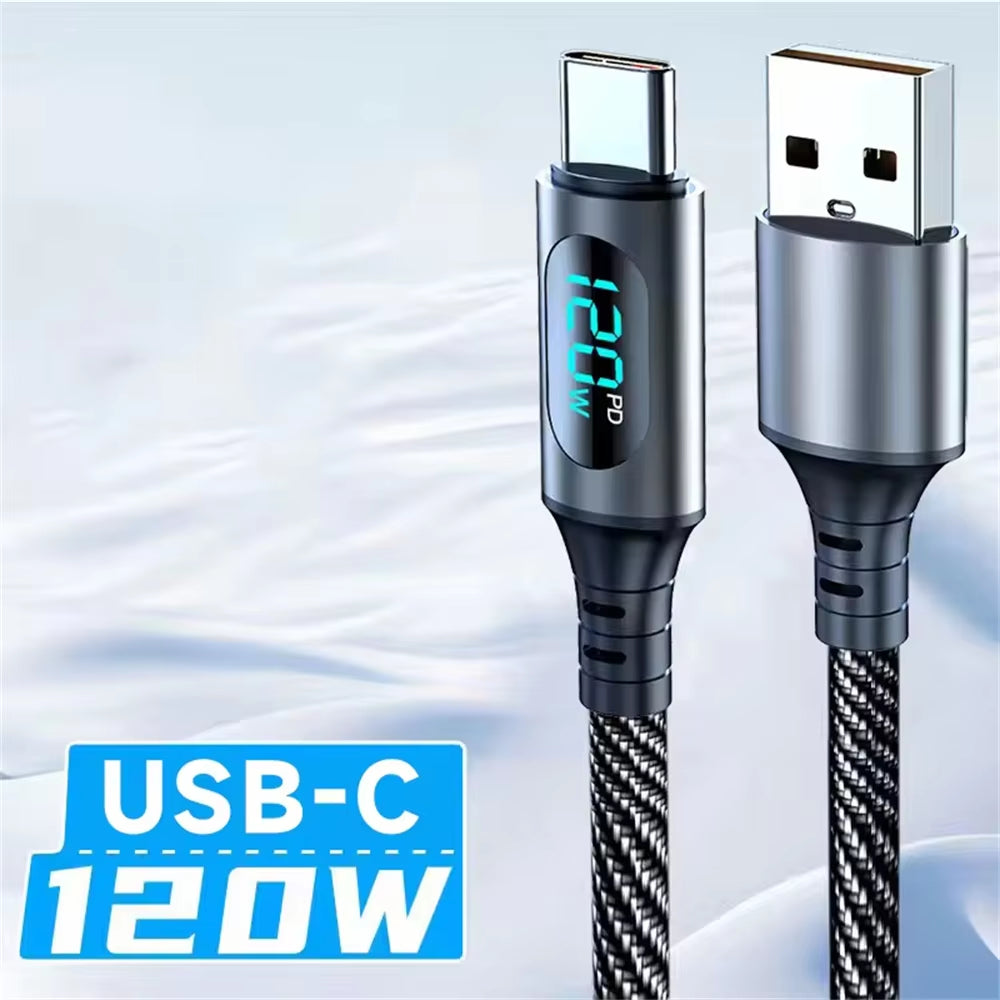 NNBILI 6A 120W USBA to Type C Super Fast Charge Cable Nylon Data Cord for Xiaomi POCO Samsung with Led Digital Display Cable