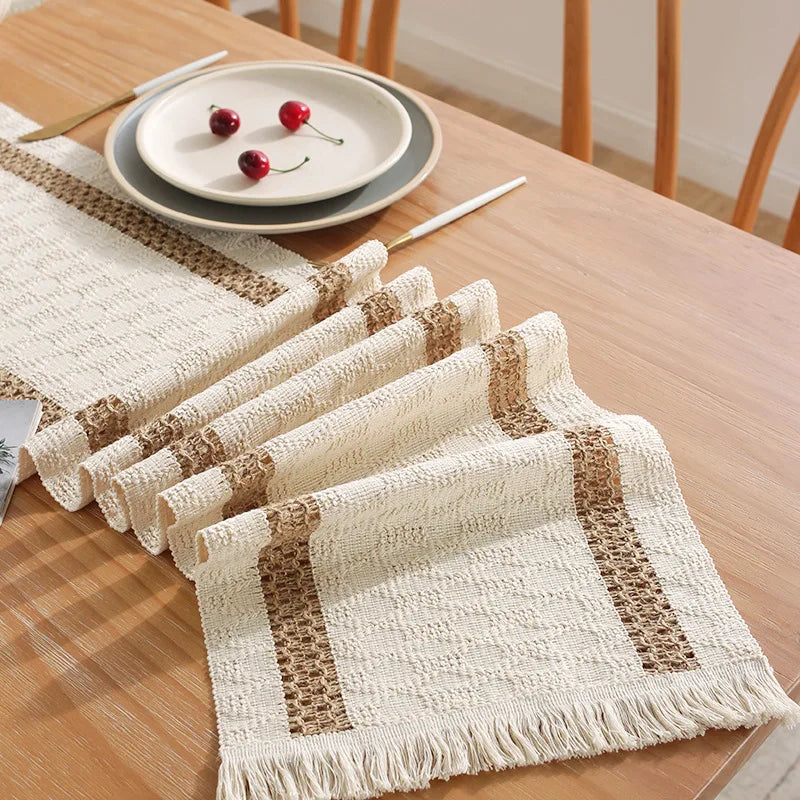 30*180CM Boho Macrame Table Runner ,Cotton Linen Bicolor Stitching Tassel Table Cloth For Farmhouse Wedding Dining Table Decor