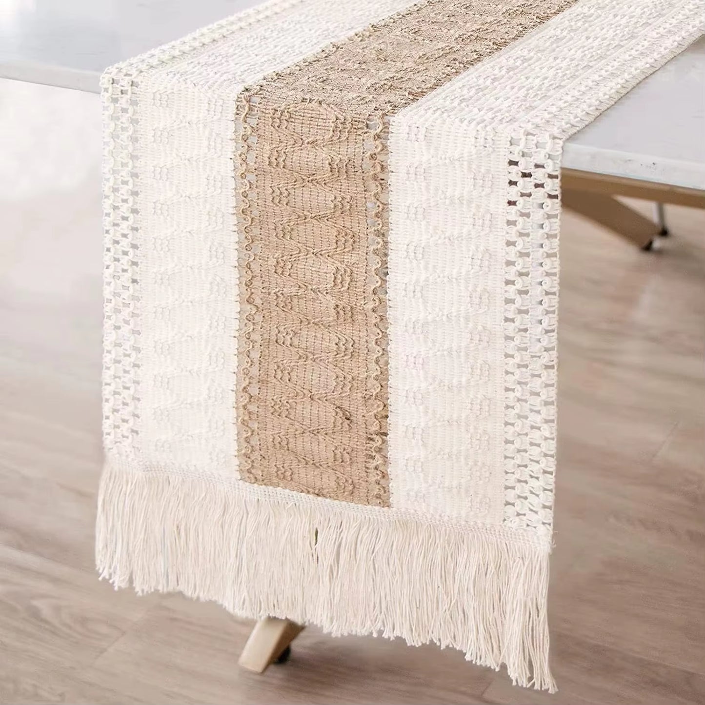 30*180CM Boho Macrame Table Runner ,Cotton Linen Bicolor Stitching Tassel Table Cloth For Farmhouse Wedding Dining Table Decor