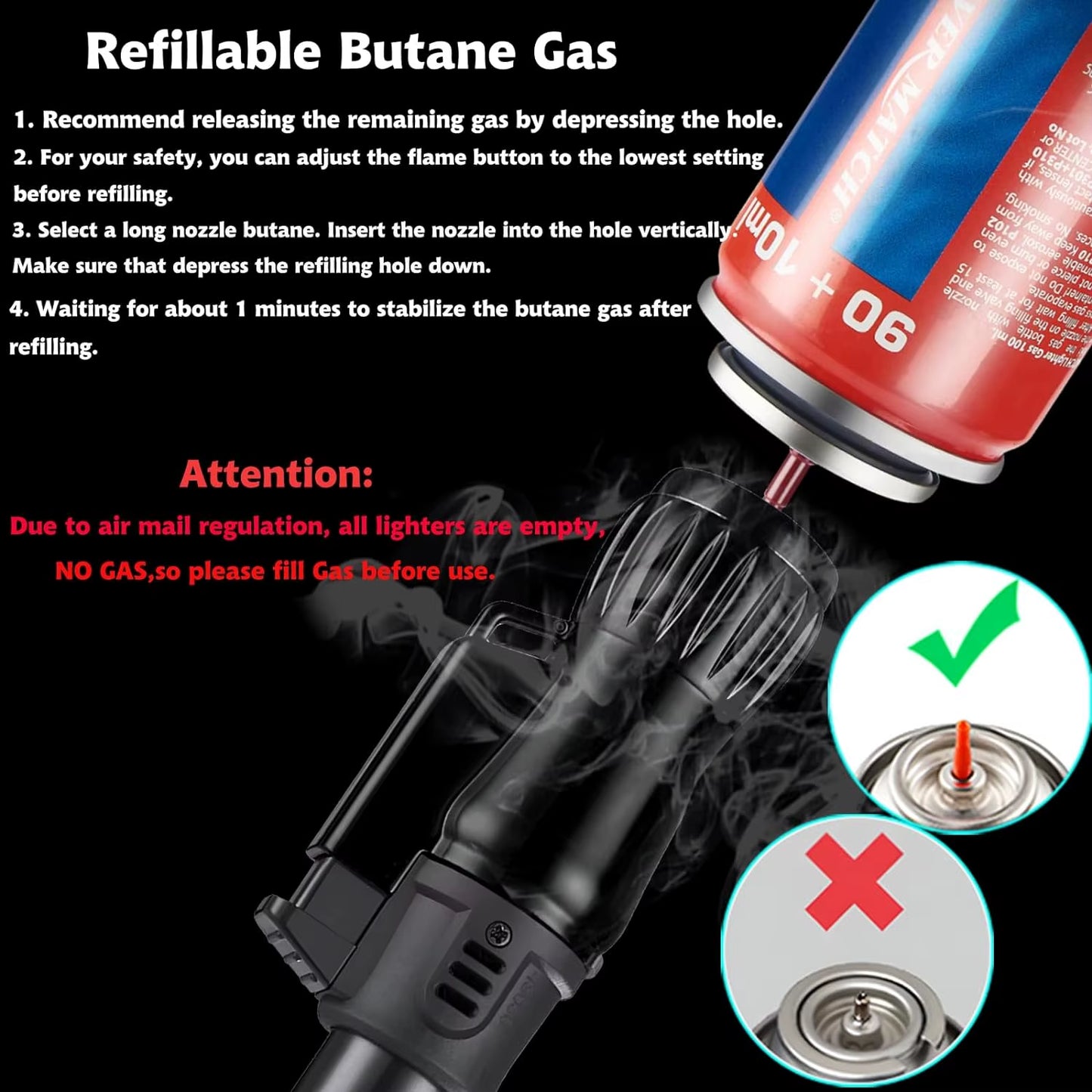 3Pcs Jet Flame Torch Lighter Windproof Design Refillable Butane Gas, Jet Triple Flame for Outdoor Indoor Gifts(Without Butane)