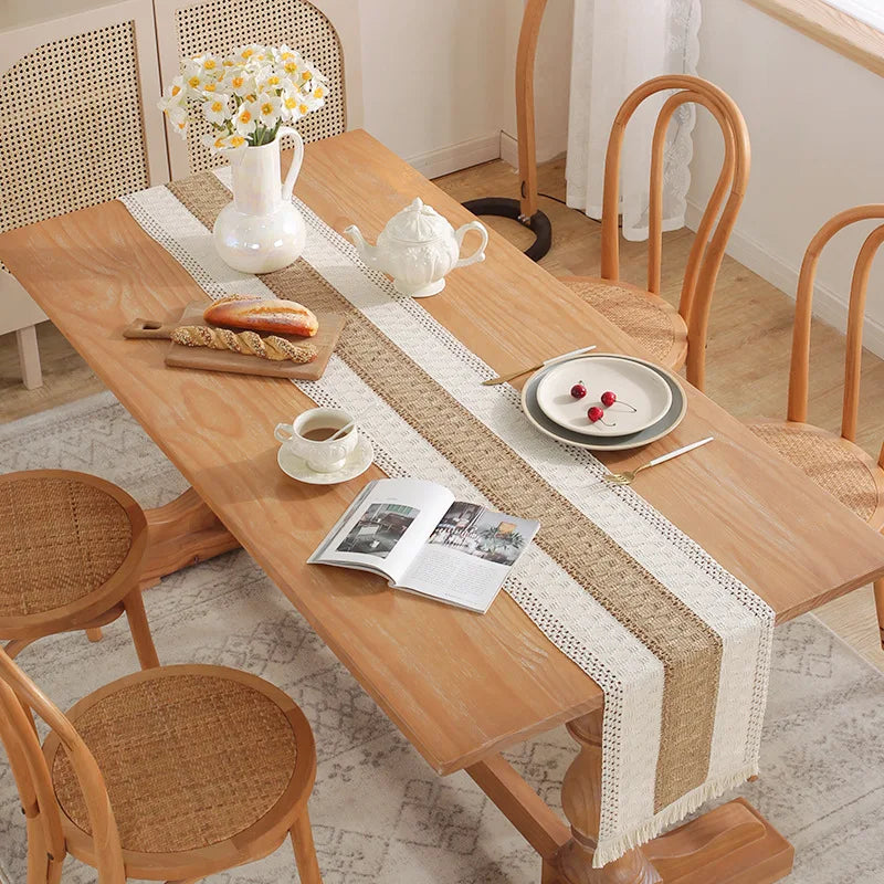 30*180CM Boho Macrame Table Runner ,Cotton Linen Bicolor Stitching Tassel Table Cloth For Farmhouse Wedding Dining Table Decor