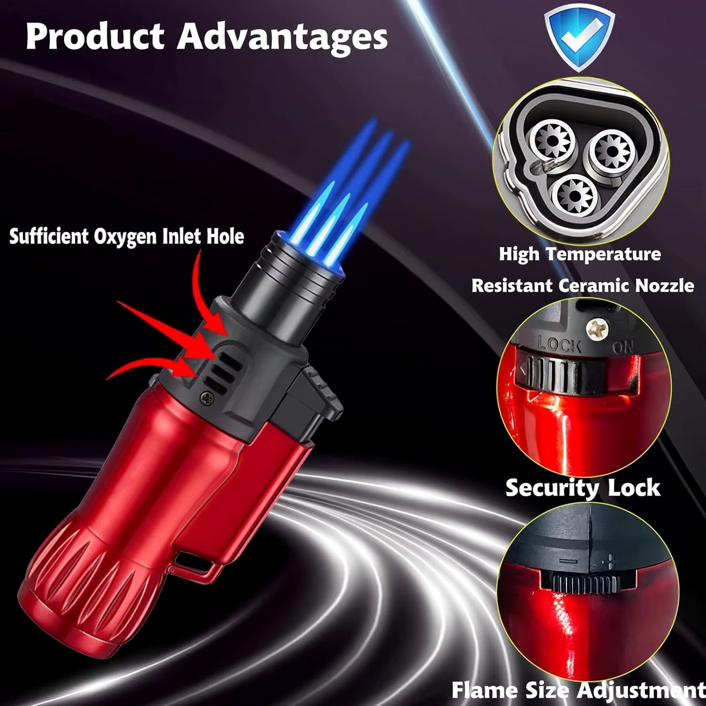 3Pcs Jet Flame Torch Lighter Windproof Design Refillable Butane Gas, Jet Triple Flame for Outdoor Indoor Gifts(Without Butane)