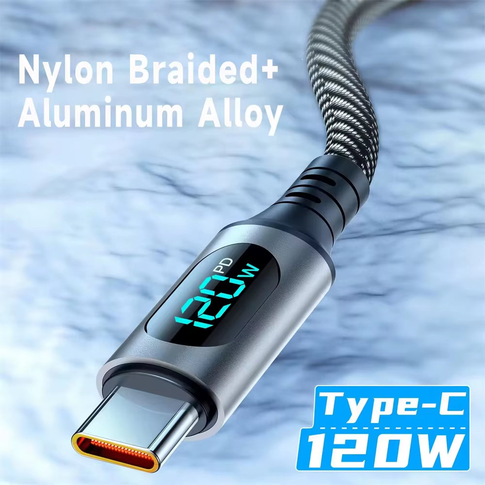 NNBILI 6A 120W USBA to Type C Super Fast Charge Cable Nylon Data Cord for Xiaomi POCO Samsung with Led Digital Display Cable