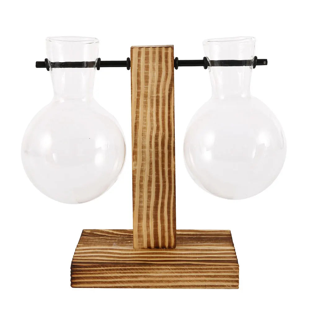 Elegant Hydroponic Glass Planter with Wooden Stand for Home and Office Decor