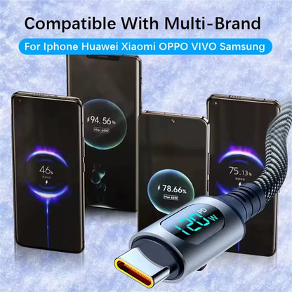NNBILI 6A 120W USBA to Type C Super Fast Charge Cable Nylon Data Cord for Xiaomi POCO Samsung with Led Digital Display Cable