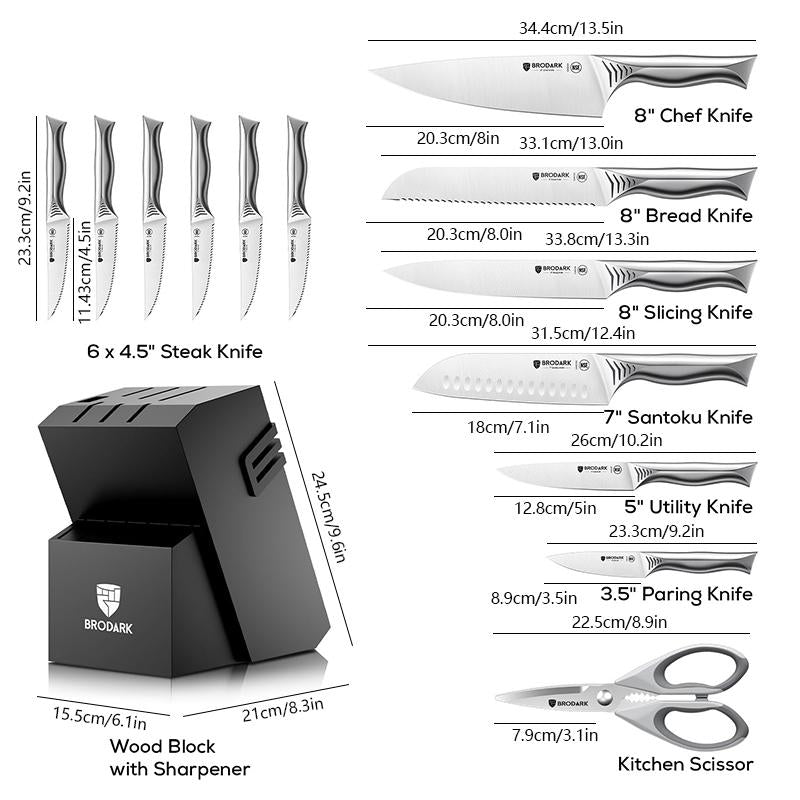 BRODARK Shark Series 15PCS Kitchen Knife Set with Block, Dishwasher Safe Knives Set for Kitchen NSF Certified German Stainless Steel Kitchen Cooking Knives Built-In Sharpener High Carbon Professional Chef Knife Steak Meat Boning Gifts for Men