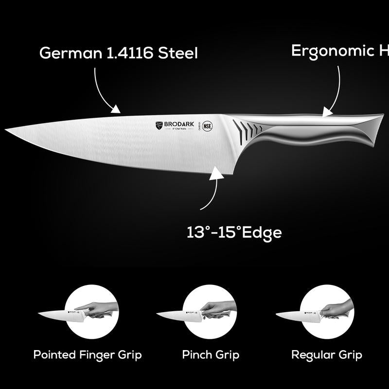 BRODARK Shark Series 15PCS Kitchen Knife Set with Block, Dishwasher Safe Knives Set for Kitchen NSF Certified German Stainless Steel Kitchen Cooking Knives Built-In Sharpener High Carbon Professional Chef Knife Steak Meat Boning Gifts for Men
