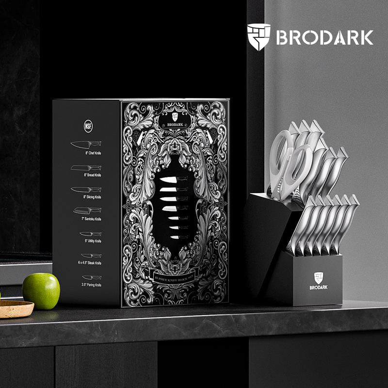BRODARK Shark Series 15PCS Kitchen Knife Set with Block, Dishwasher Safe Knives Set for Kitchen NSF Certified German Stainless Steel Kitchen Cooking Knives Built-In Sharpener High Carbon Professional Chef Knife Steak Meat Boning Gifts for Men