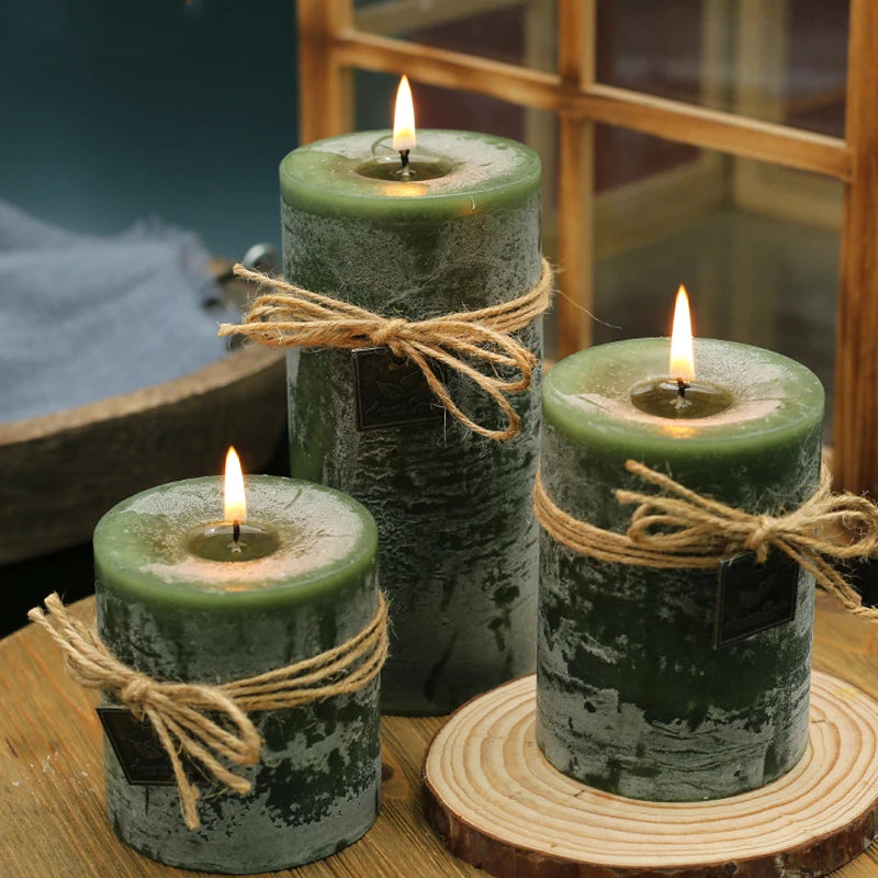 Green Scented Candles Pillar Wax Candles Smokeless Essential Oil Aromatherapy Candle Herbal Fragrance Home Decoration