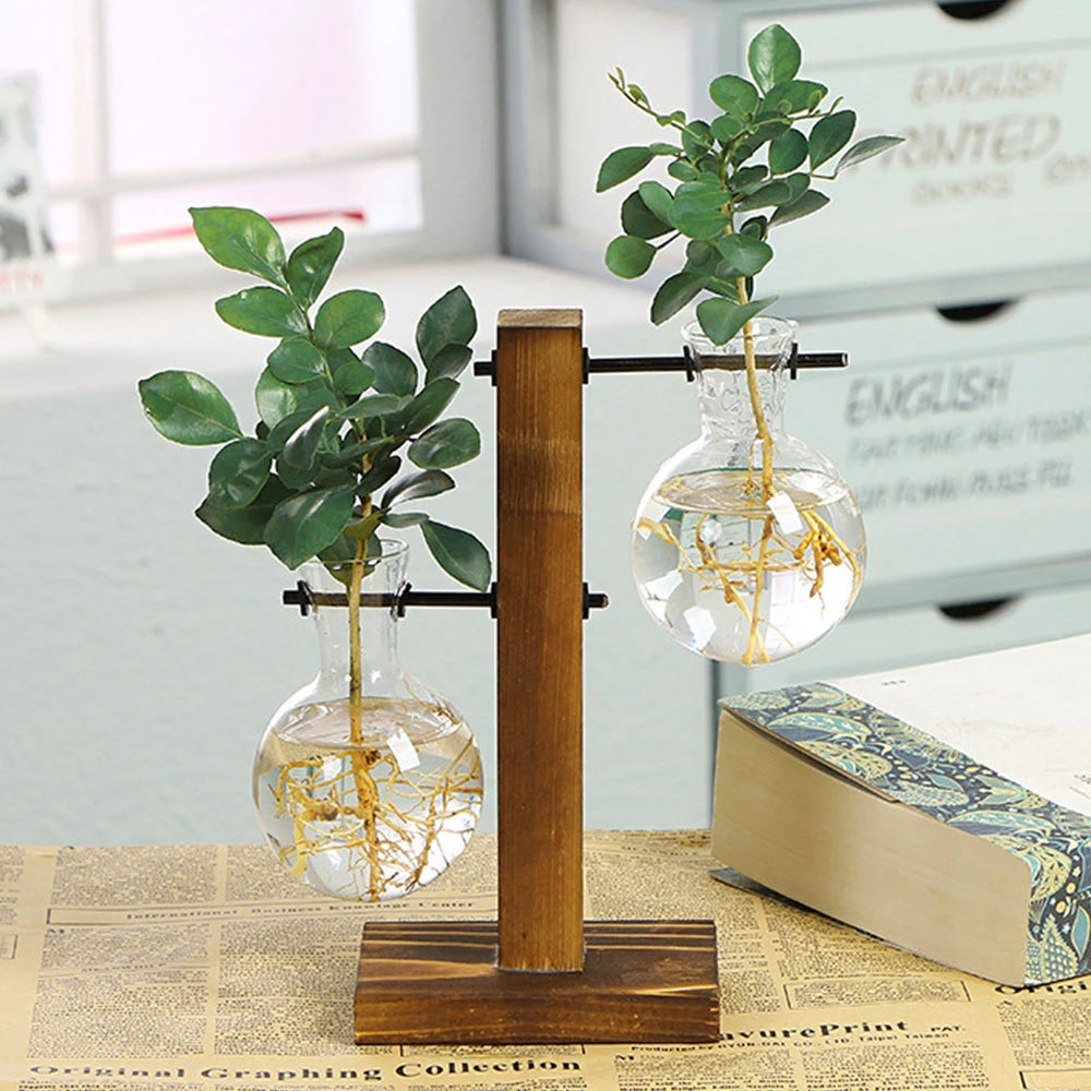 Elegant Hydroponic Glass Planter with Wooden Stand for Home and Office Decor