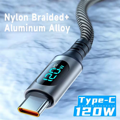 NNBILI 6A 120W USBA to Type C Super Fast Charge Cable Nylon Data Cord for Xiaomi POCO Samsung with Led Digital Display Cable