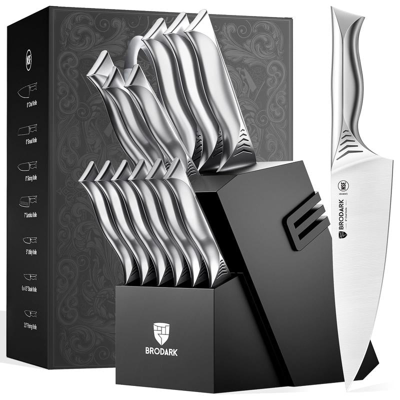 BRODARK Shark Series 15PCS Kitchen Knife Set with Block, Dishwasher Safe Knives Set for Kitchen NSF Certified German Stainless Steel Kitchen Cooking Knives Built-In Sharpener High Carbon Professional Chef Knife Steak Meat Boning Gifts for Men